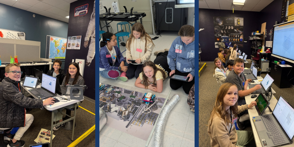 three photographs of students paricipating in Starbase, a 5-day stem activity