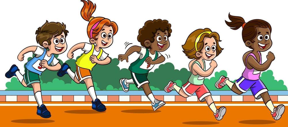 5 children running on a track