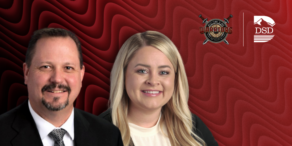 Two assistant principals on a red and black wavy background with the West Point Junior High and DSD logos.