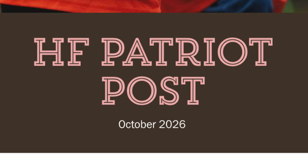  brown banner  with tan letters saying HF Patriot Post October 2026 and children playing soccer in the backgroumd in the background