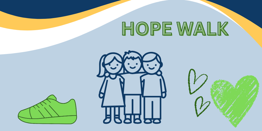 An image with the works "HOPE WALK" at the top, as well as symbols of a green tennis shoe, three friends walking side-by-side, and three green hearts.