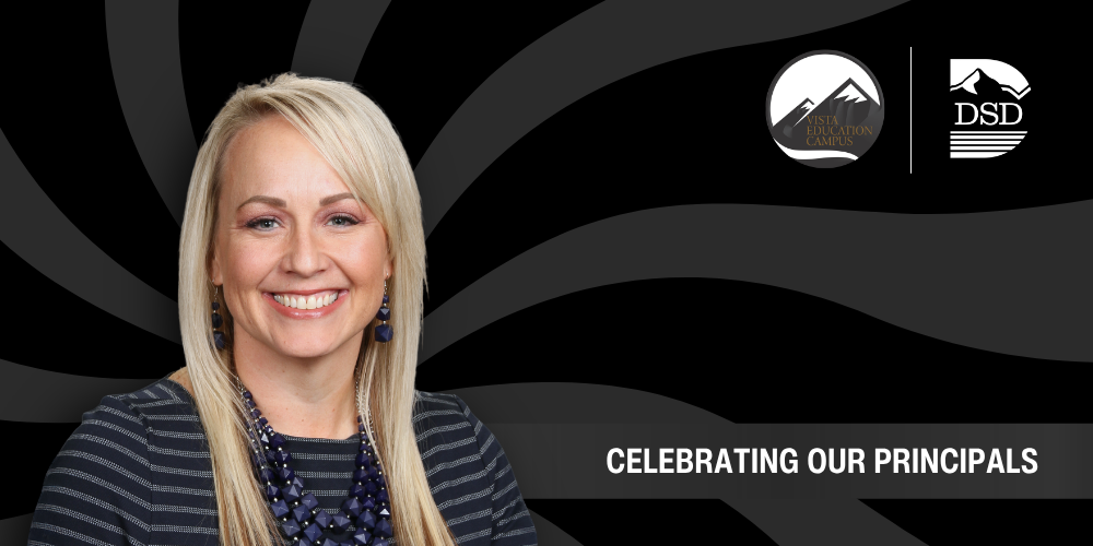 A principal in front of a wavy background with a banner that reads "Celebrating Our Principals"