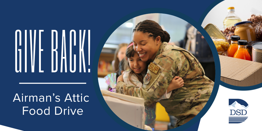 Give Back! Airman's Attic Food Drive. Picture of soldier hugging a kid. Picture of a box of groceries.