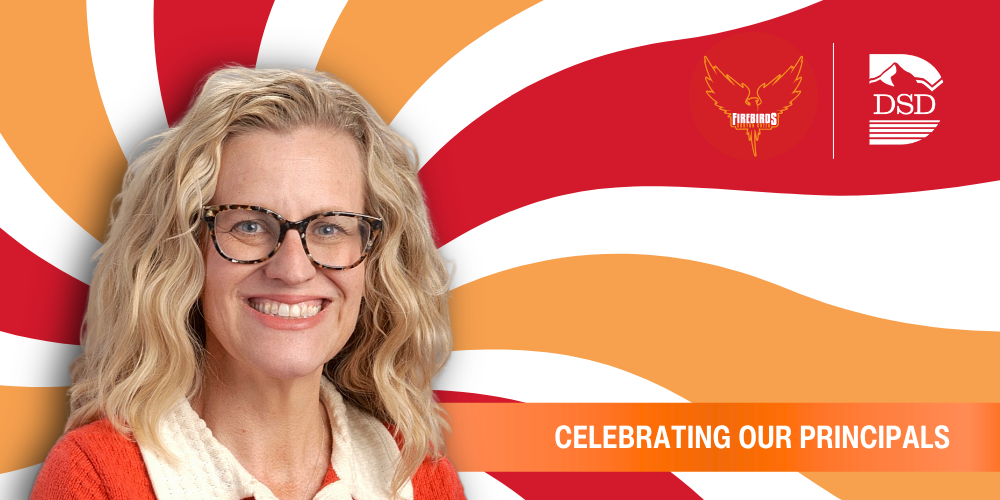A principal in front of a wavy background with a banner that reads "Celebrating Our Principals"