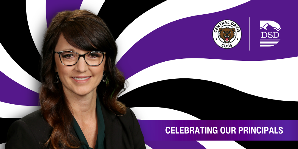 A principal in front of a wavy background with a banner that reads "Celebrating Our Principals"