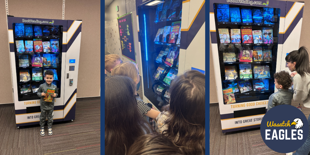 A three‑panel image collage shows a book vending machine inside a school. The left panel features a child standing in front of the vending machine while holding a book. The machine is white with navy and gold accents and displays multiple rows of brightly colored children’s books. Text printed at the bottom of the machine reads “Turning Good Choices Into Great Stories.” The center panel shows a small group of students gathered closely together, looking at the side of the vending machine. The machine’s interior is lit with blue LED lights that illuminate the books inside. The right panel shows several students standing near the vending machine as they look at the books available. The machine displays a variety of titles in clear rows. In the bottom right corner of the collage, there is a circular logo with the words “Wasatch Eagles” and an eagle illustration.