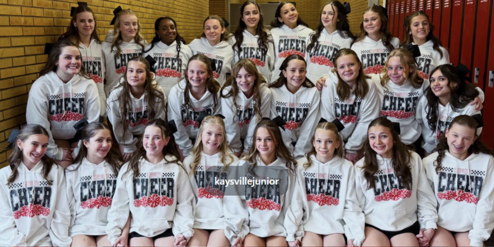 image of cheerleaders posing some kneeling, squatting, and standing