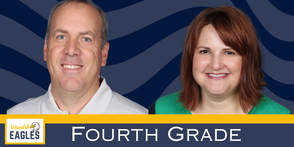 Promotional graphic for the Wasatch Eagles Fourth Grade team featuring two staff portrait photos on a blue wavy background. The Wasatch Eagles logo appears in the bottom left corner, and the text "FOURTH GRADE" is displayed prominently across the bottom in large white letters.