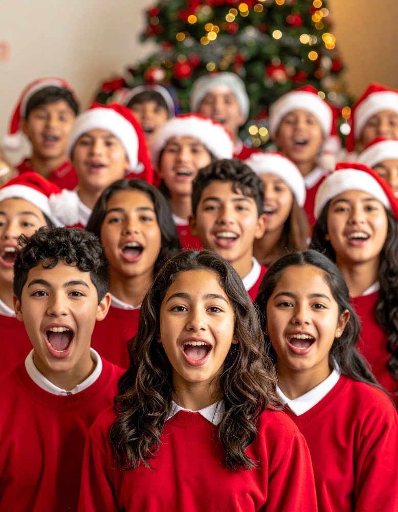 choir of 20 jr high students boys and girls singing in Christmas attire looking at the camera