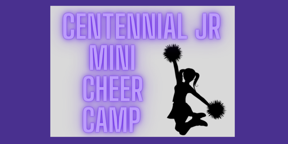 Centennial Jr Mini Cheer Camp in purple with a silouette of a cheerleader in black with pom poms jumping on a gray background