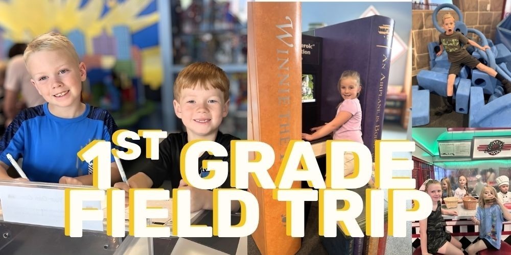 A colorful collage titled “1st Grade Field Trip” featuring first grade students enjoying activities during their field trip. Photos show students drawing at a table, exploring a giant book display, playing in a foam block area, and sitting together at a retro-style restaurant booth.