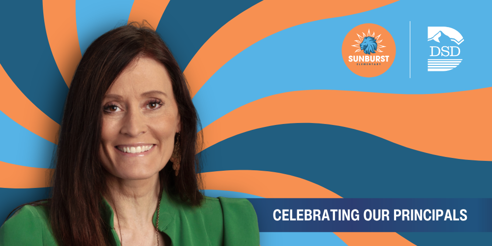 A principal in front of a wavy background with a banner that reads "Celebrating Our Principals"