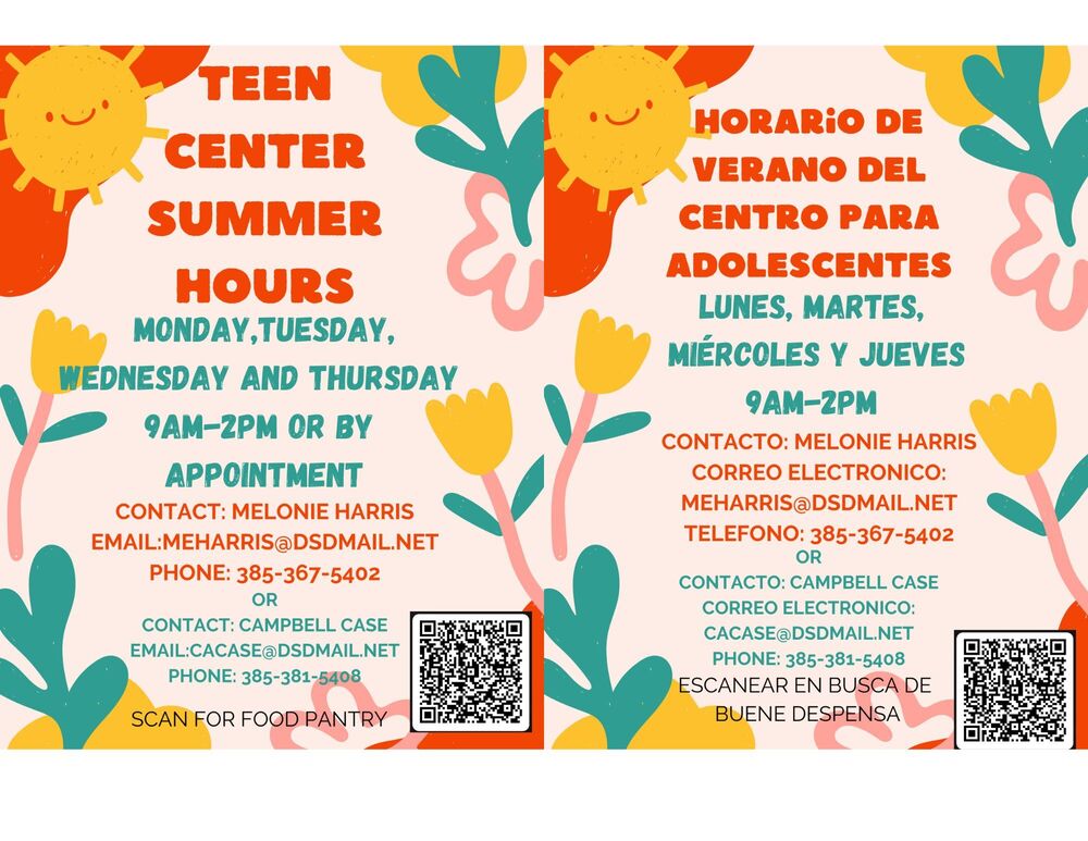 Teen Center Summer Hours M-TH 9 am-2pm. Call 385-367-5402 for help