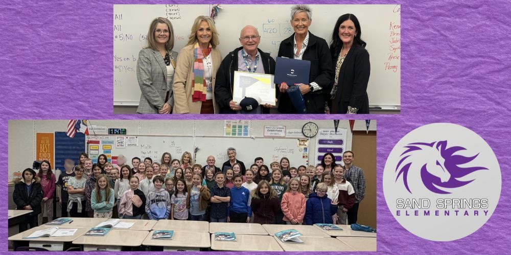Mr. Hall receiving an award for distinguished teacher, excellence in education award from Davis County School District. Photo with Mrs. Johnston, Mr. Hall, and district personnel as well as a photo with his classes.