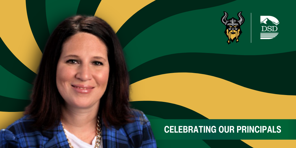 A principal in front of a wavy background with a banner that reads "Celebrating Our Principals"