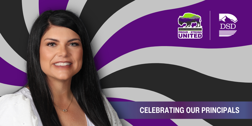 A principal in front of a wavy background with a banner that reads "Celebrating Our Principals"