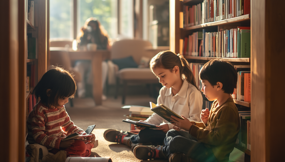 Children in a library reading books with books on a bookshelf