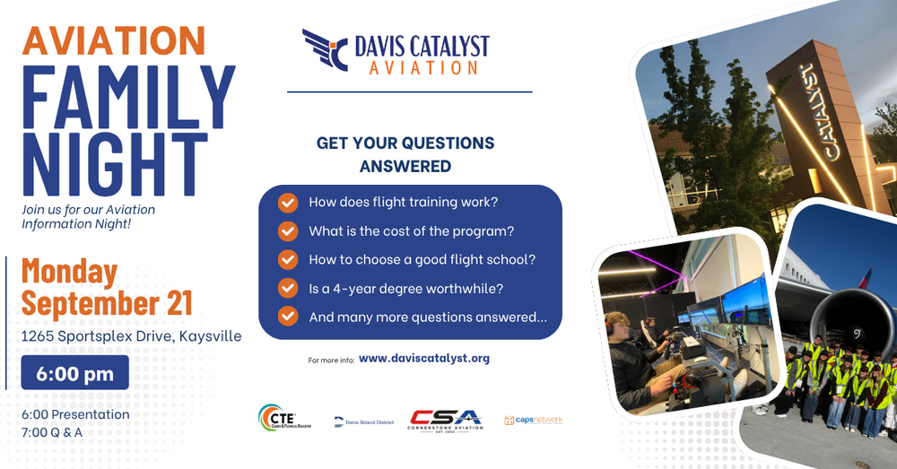 Join us for the first Catalyst Aviation Family Night to learn about a future career in aviation. Listen to text below for all details in this image.