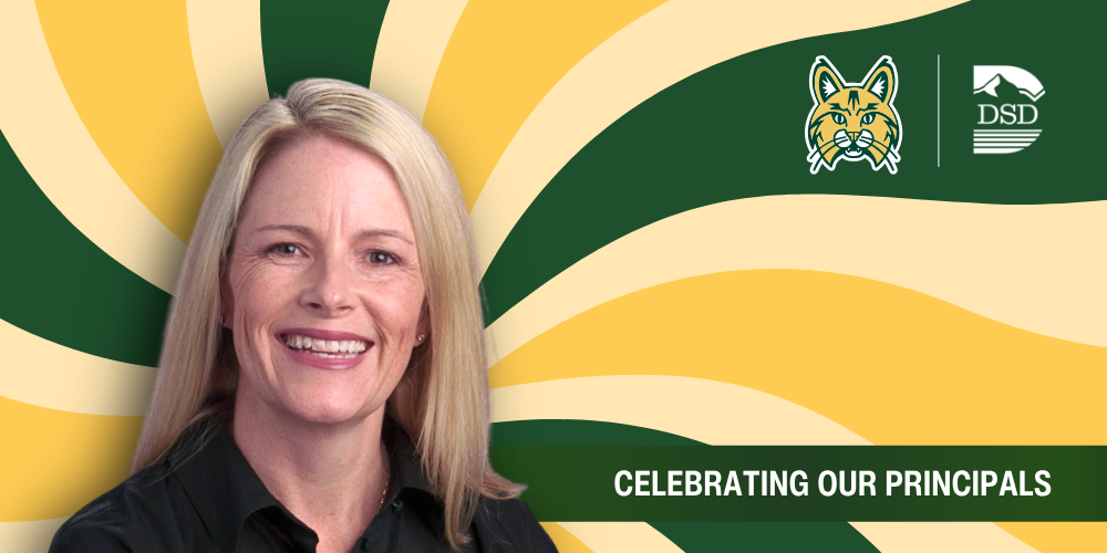 A principal in front of a wavy background with a banner that reads "Celebrating Our Principals"