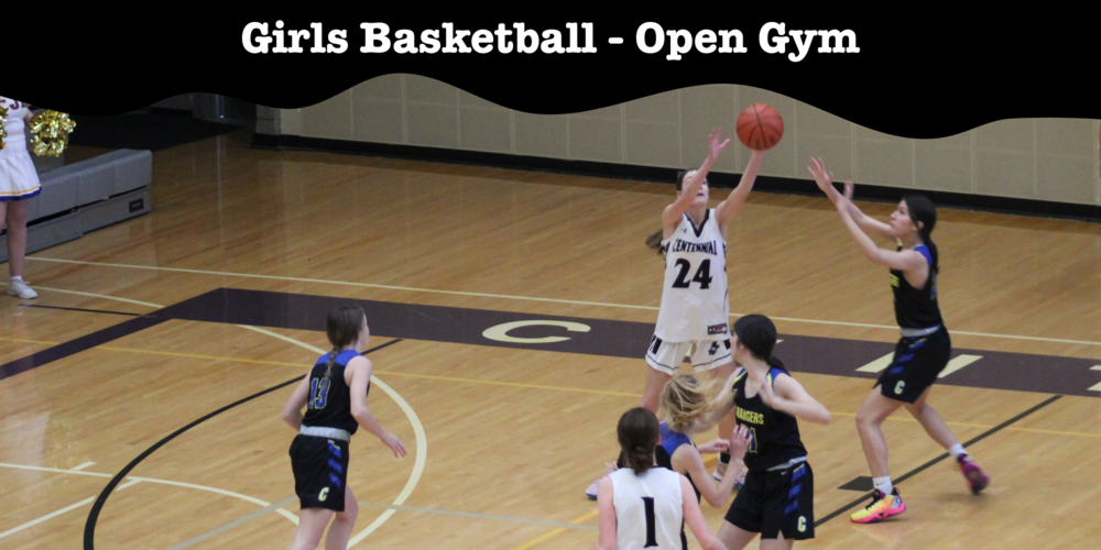 Girls playing basketball on a court with words on black wave that says Girls Basketball - Open Gym