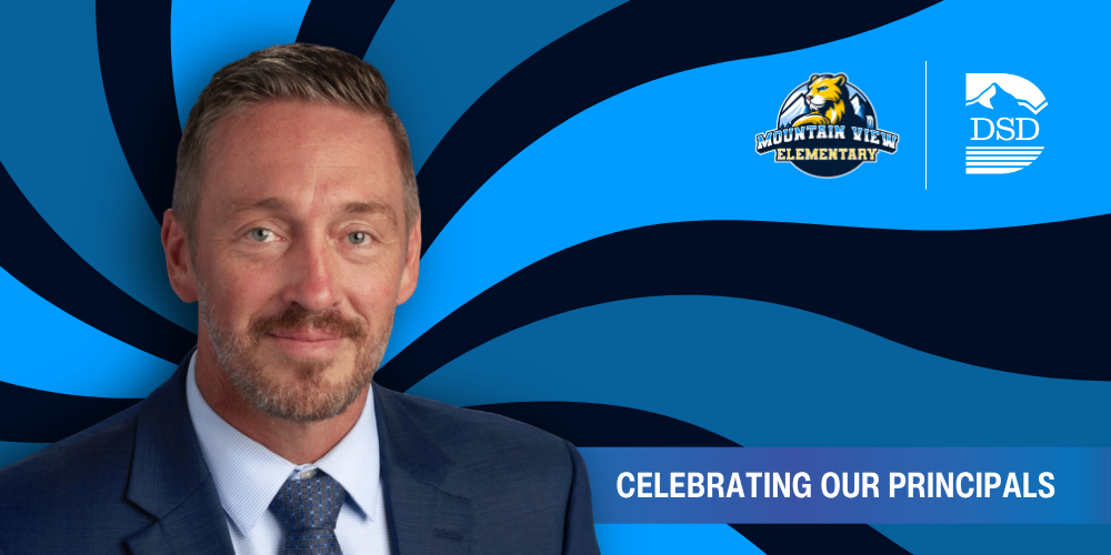 A principal in front of a wavy background with a banner that reads "Celebrating Our Principals"