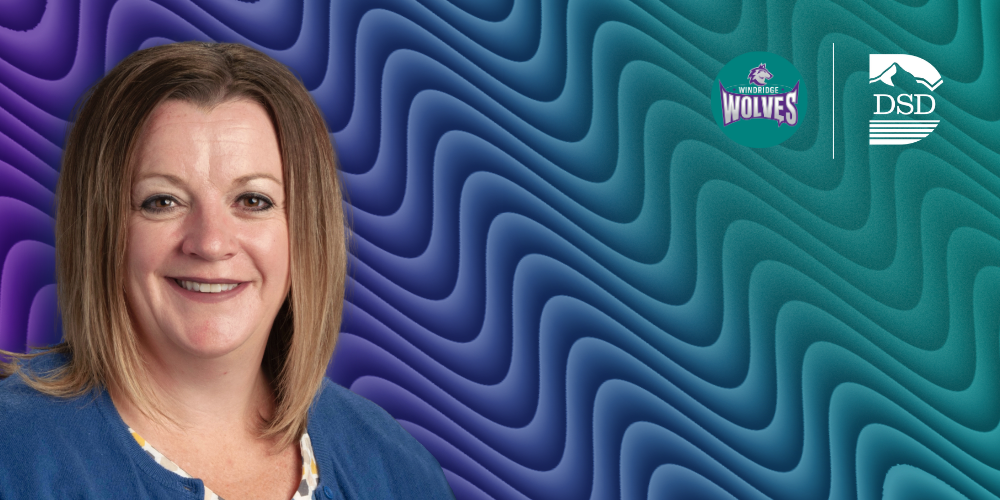 Assistant principal on a purple and teal wavy background with the Windridge Elementary and DSD logos.