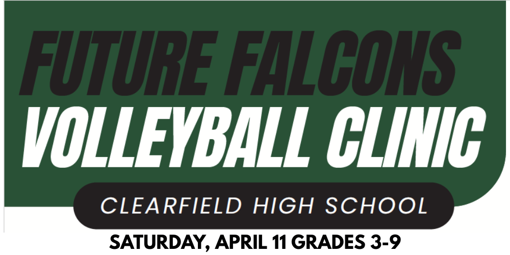 Flyer for Future Falcons Volleyball Clinic, Sat. April 11 grades 3-9 can participate.  Click link below to register.