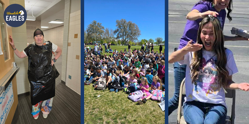 A three-panel photo collage showing: on the left, an adult standing indoors wearing a black plastic covering over clothes near a school hallway; in the center, a large group of children sitting on grass outdoors under clear blue skies; on the right, an adult seated outdoors while another person pours liquid over the seated person’s head.
