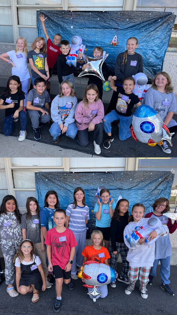 Images of students participating in literacy week astronaut photo shoot