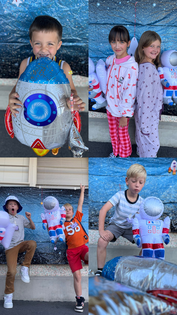 Images of students participating in literacy week astronaut photo shoot