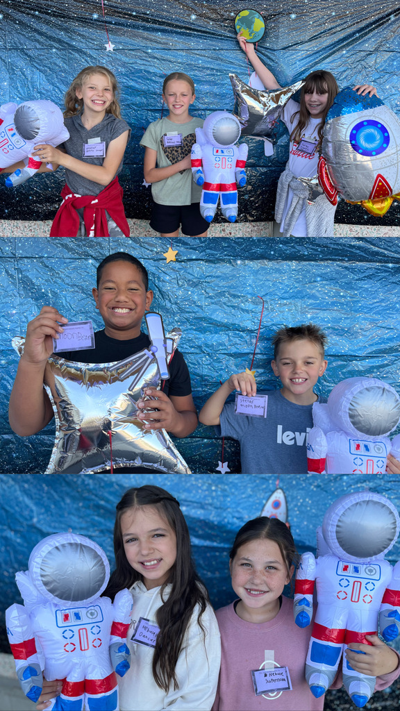 Images of students participating in literacy week astronaut photo shoot