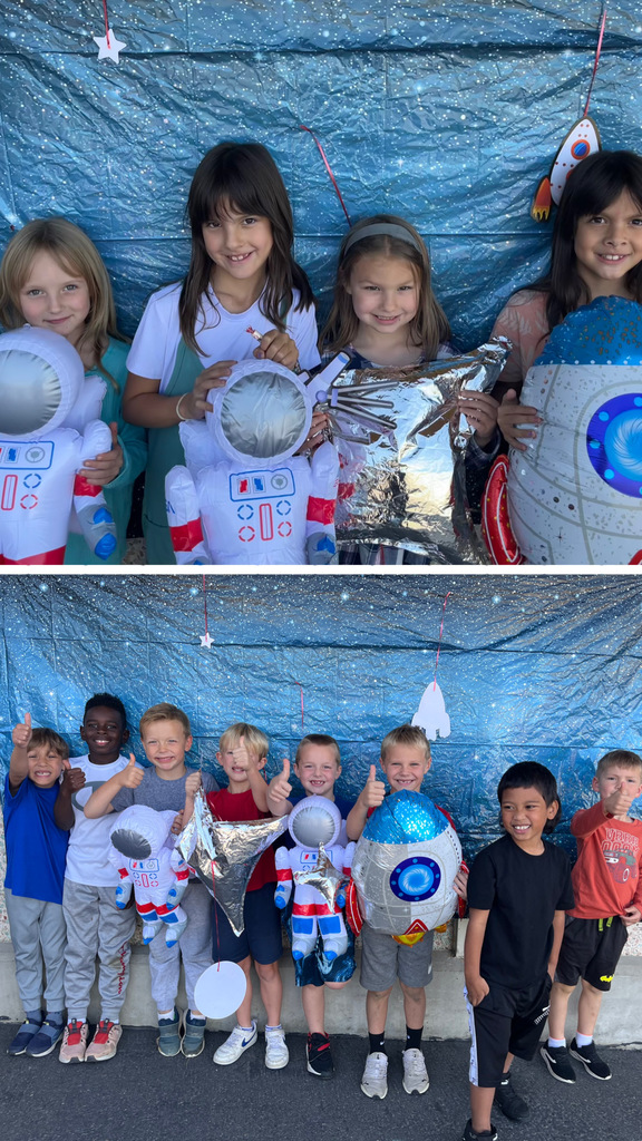 Images of students participating in literacy week astronaut photo shoot