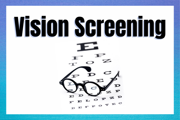 Vision chart with a pair of glasses, text reading "Vision Screening"