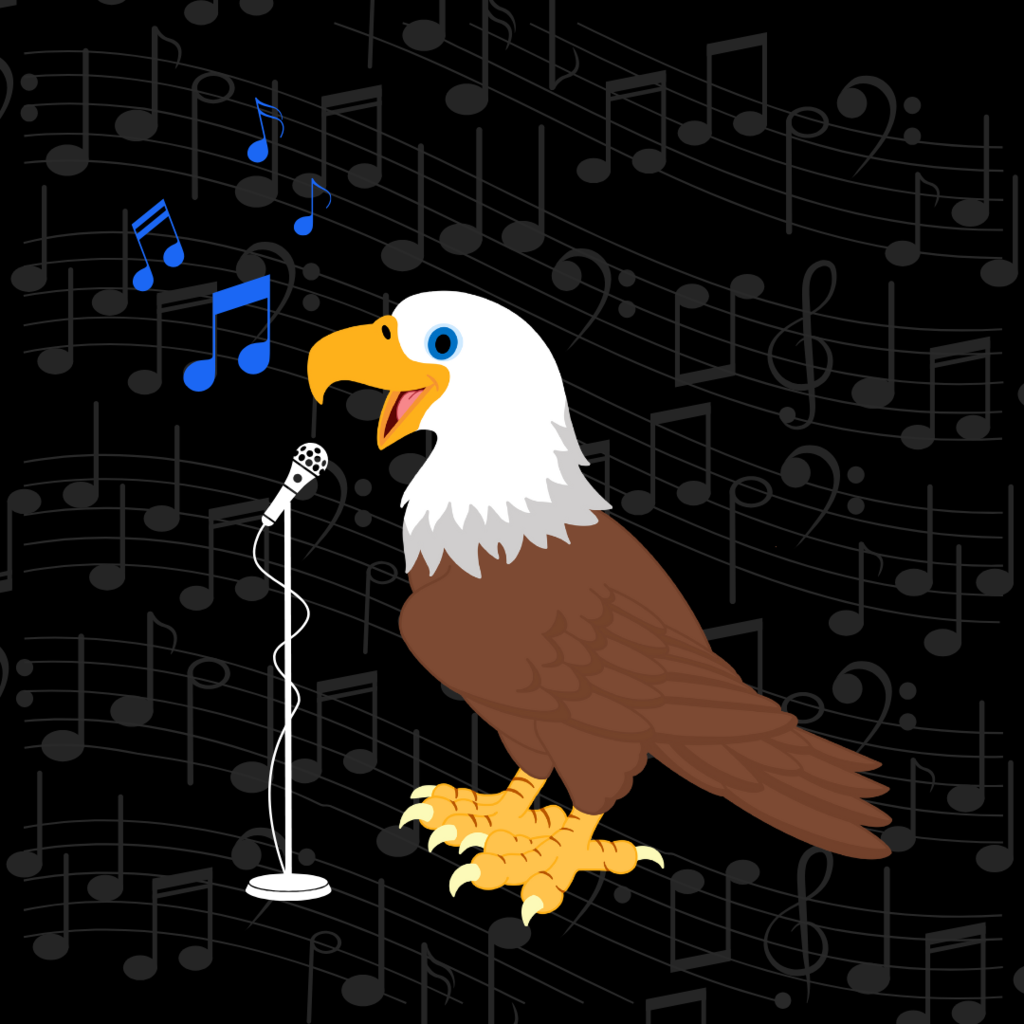 Eagle standing singing in a microphone with music notes above head. A blackground with faded music notes