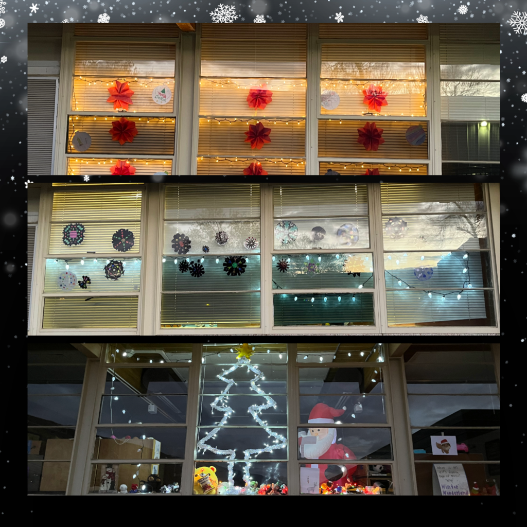 Snowflake background with images of classroom windows decorated with student artwork