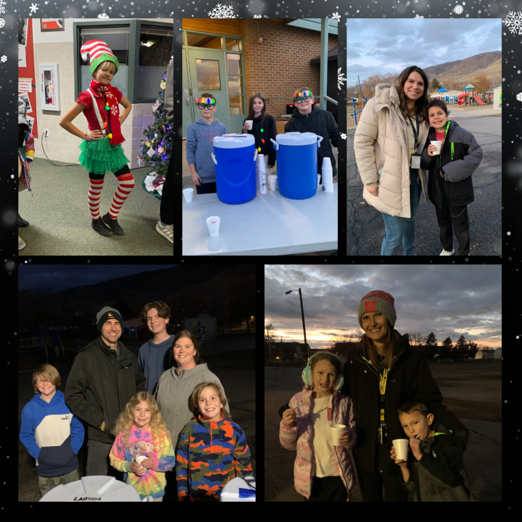 Snowflake background with a collage of images of students and families and staff members