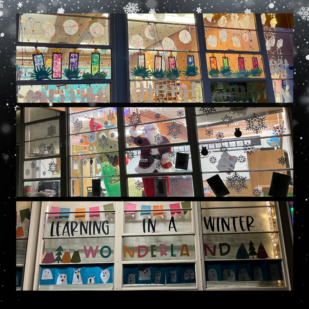 Snowflake background with images of classroom windows decorated with student artwork