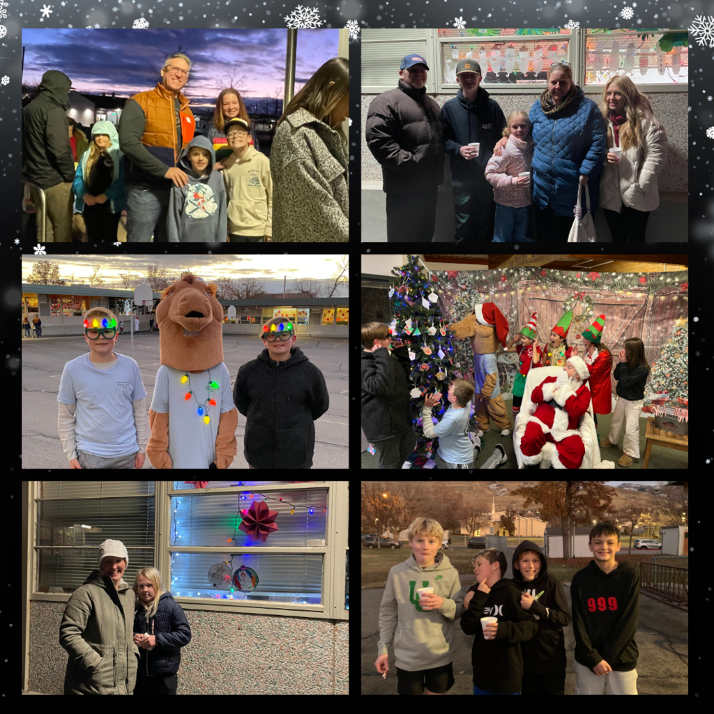 Snowflake background with a collage of images of students and families and staff members
