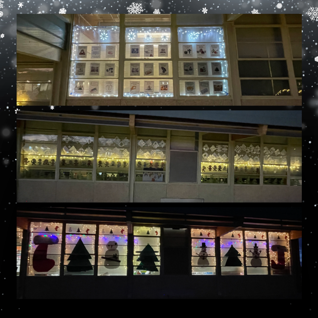Snowflake background with images of classroom windows decorated with student artwork