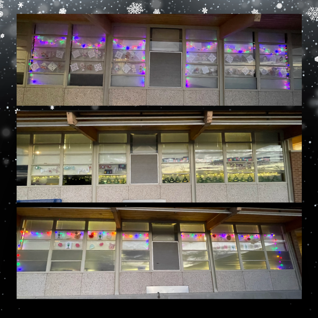 Snowflake background with images of classroom windows decorated with student artwork