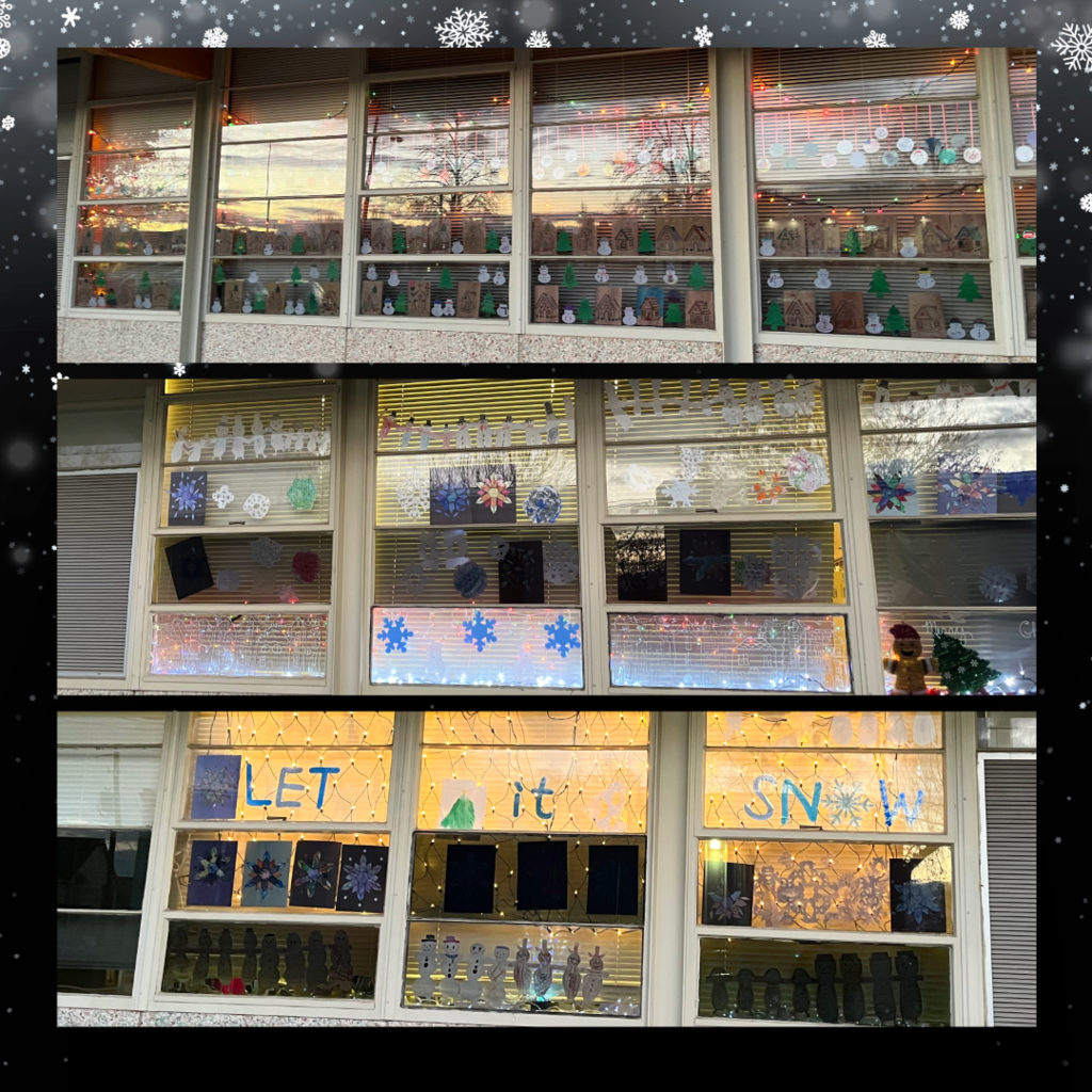 Snowflake background with images of classroom windows decorated with student artwork