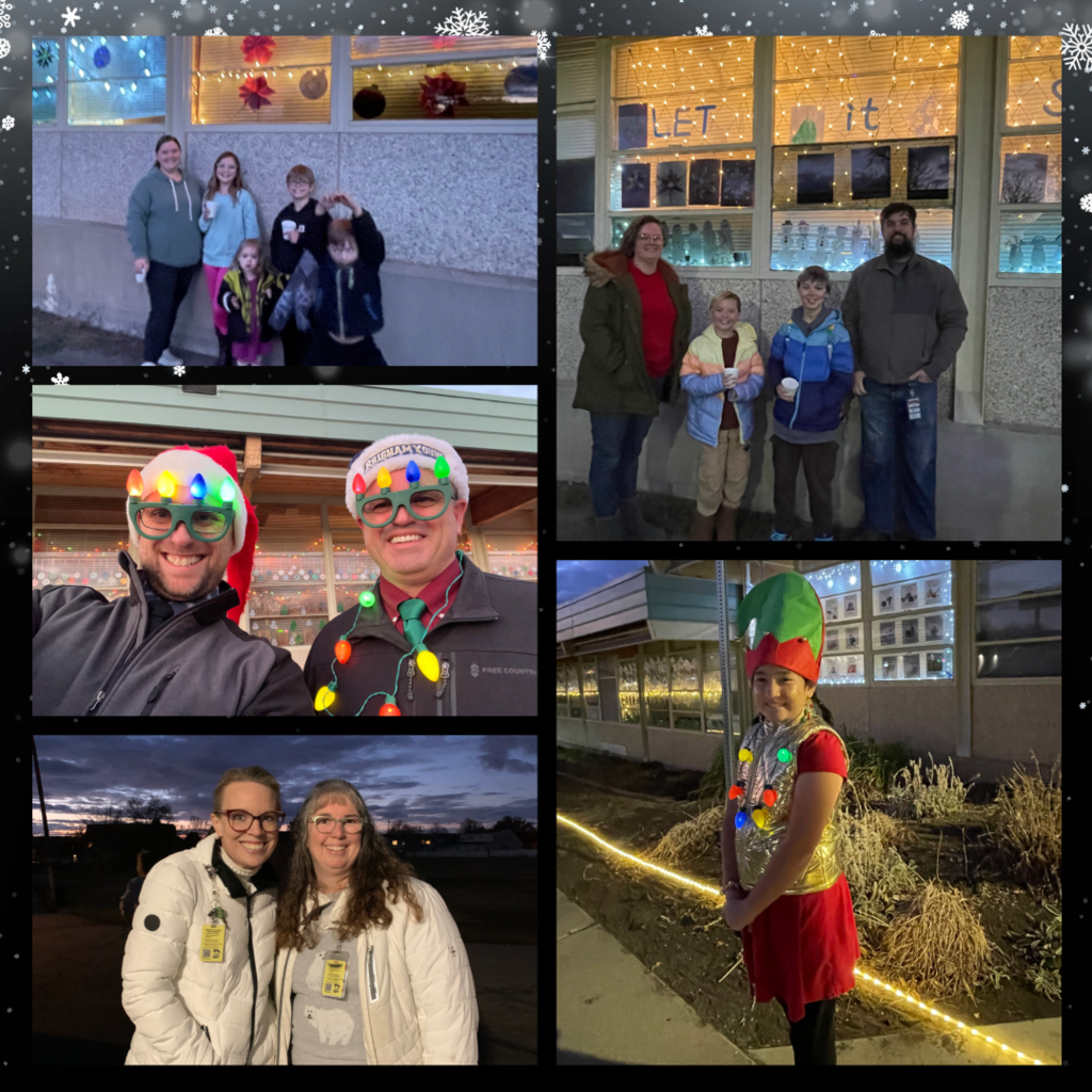 Snowflake background with a collage of images of students and families and staff members