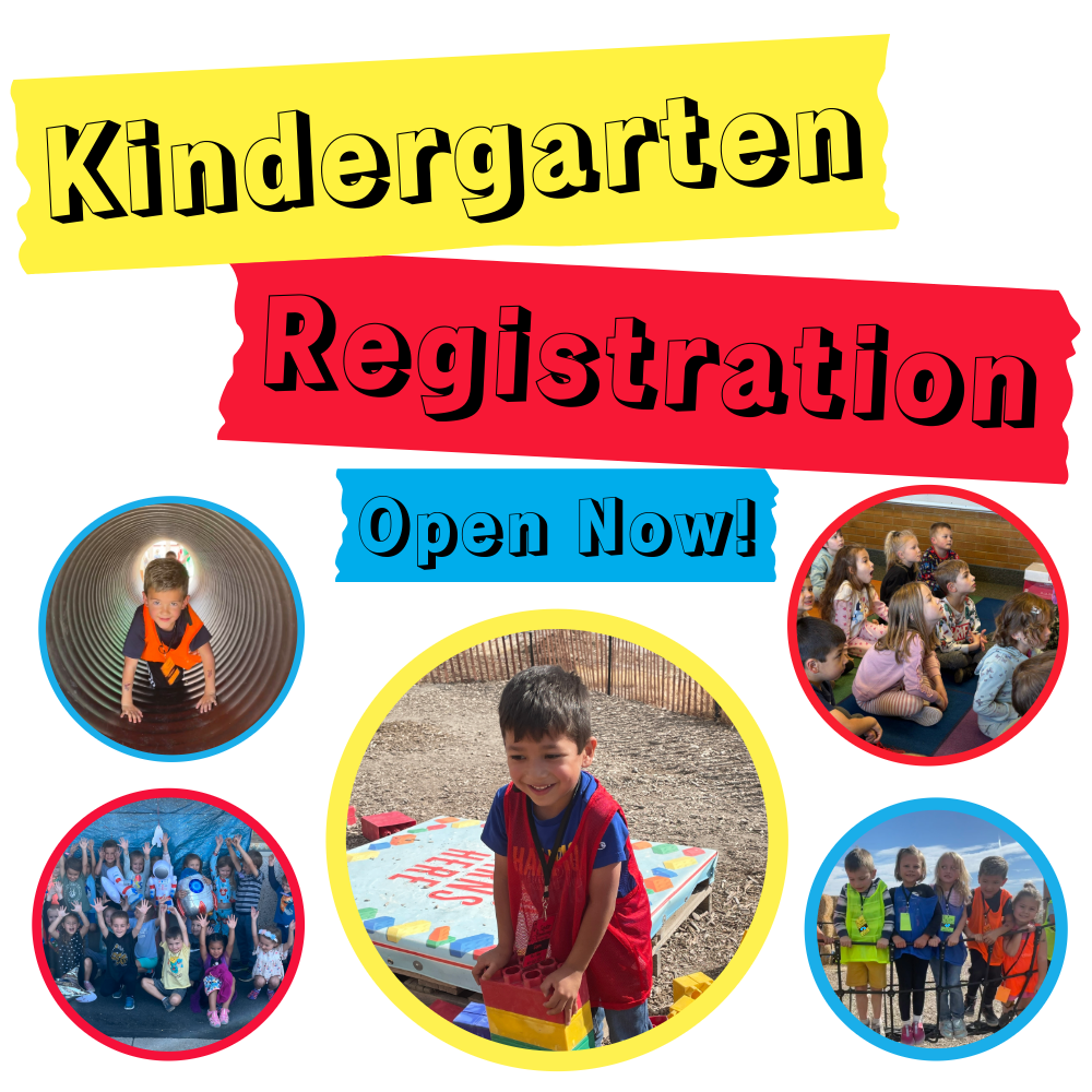 Photos of kindergarten students in colored bubbles. Paint stripes with the text, "Kindergarten Registration Open Now!"
