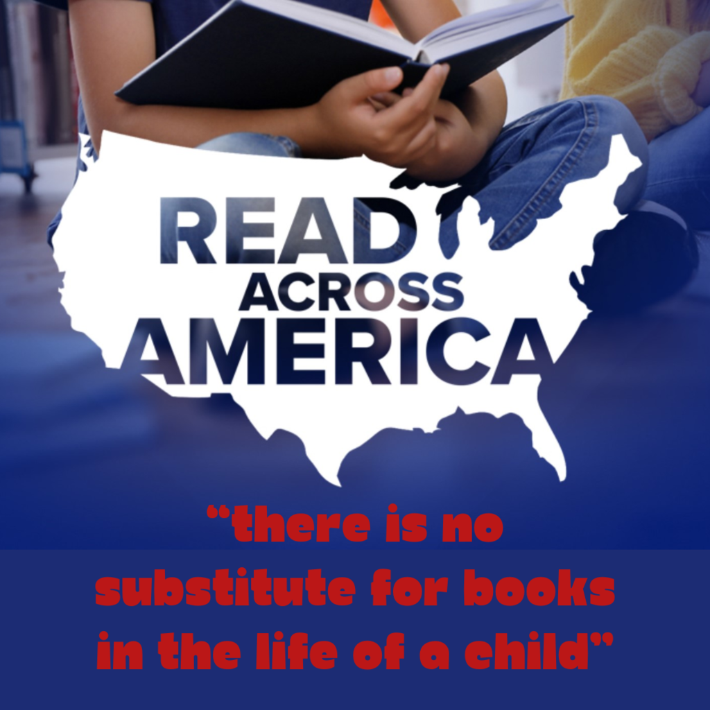 Picture of a person reading a book on the floor, with a shilhouette of the USA across the front. Text that reads "Read across America, There is no substitute for books in the life of a child".