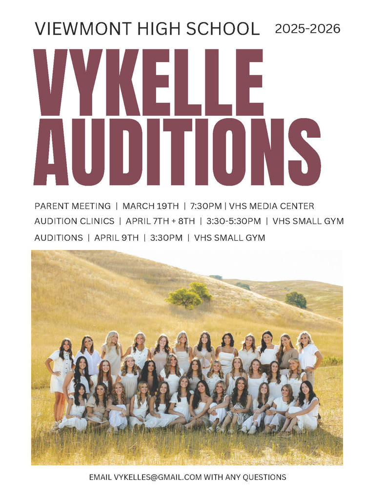 Viewmont High School 2025-2026 Vykelle Auditions Parent Meeting: March 19th at 7:30 pm in the VHS Media Center Audition Clinics: April 7th and 8th at 3:30 pm - 5:30 pm in the VHS Small Gym Auditions: April 9th at 3:30 pm in the VHS Small Gym Email vykelles@gmail.com with any questions.