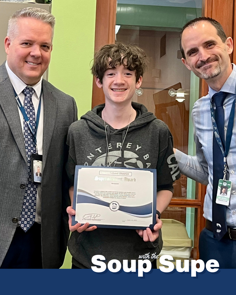 A photo with a student, principal and the superintendent. There are words that say: "Soup with the Supe."