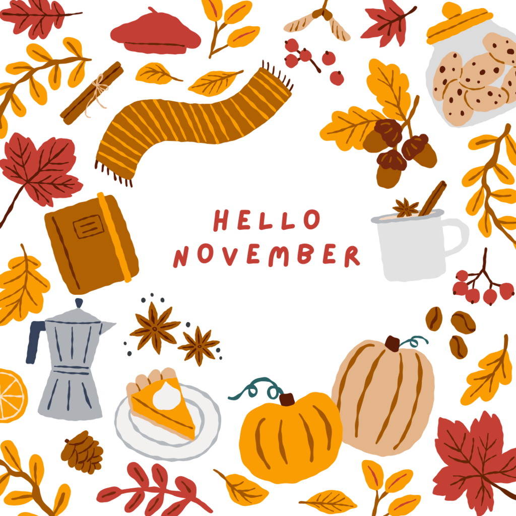 Hello November on background with fall items