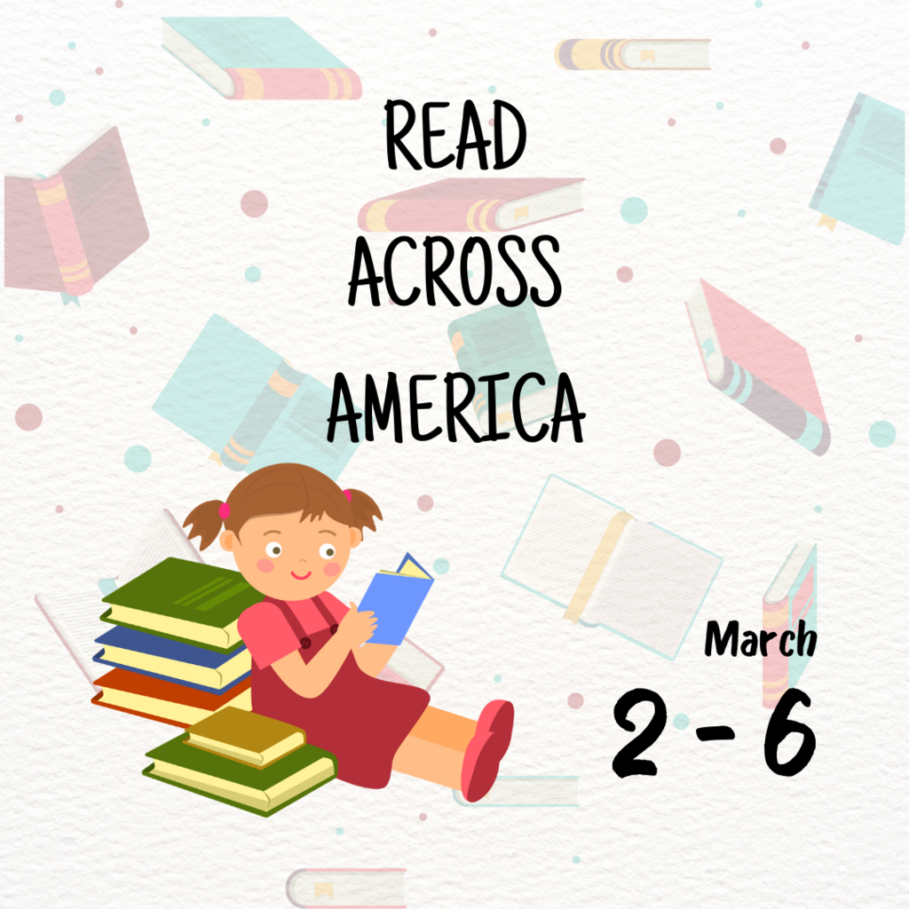 Read across america with cartoon child reading; March 2-6
