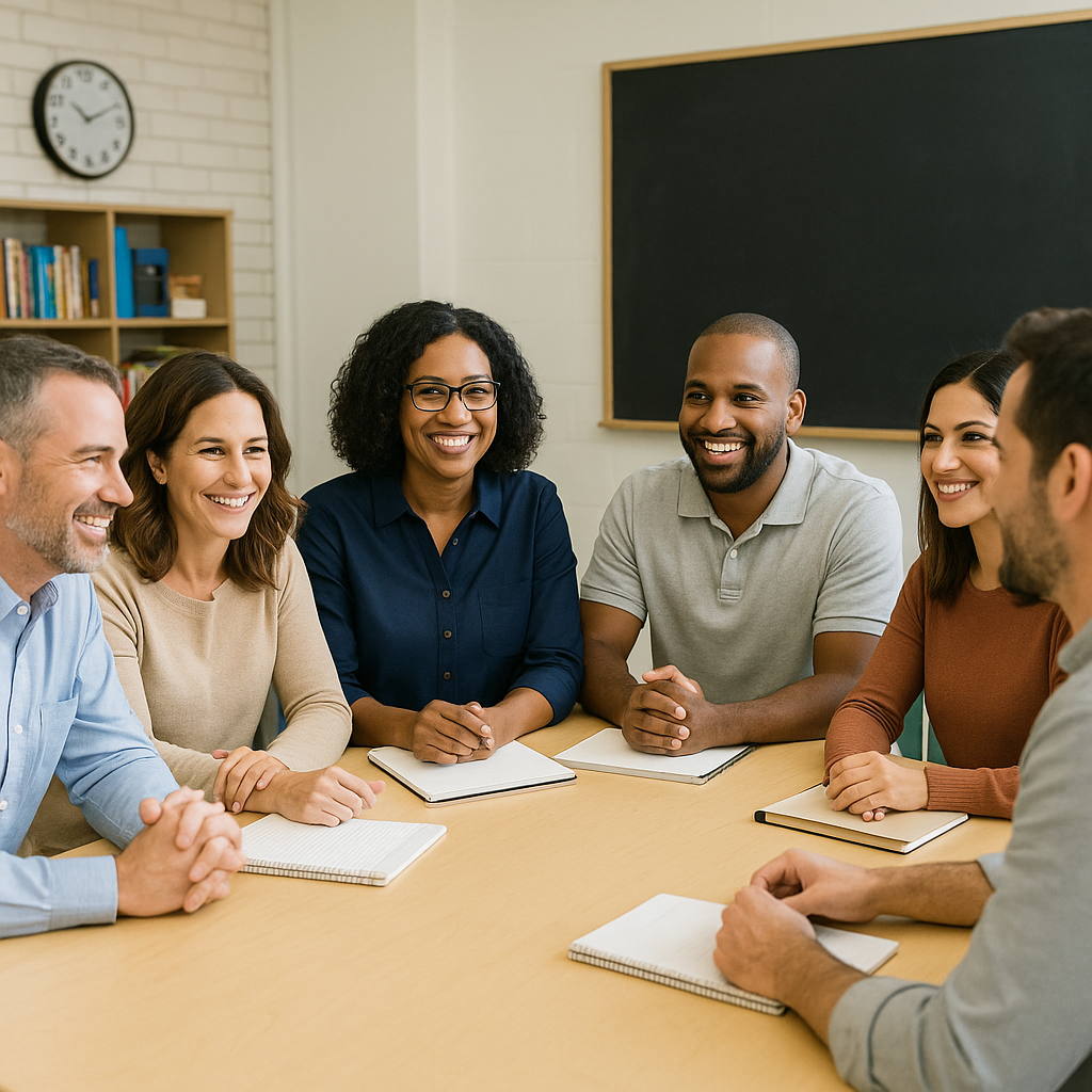 A group of parents and school staff meeting together around a table.