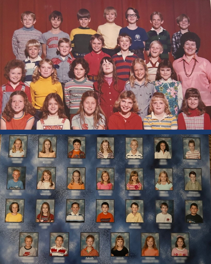 Two photos. The top photo is of an elementary class photo taken in the 70s. The bottom photo is of a yearbook page of a class of students (individuals).